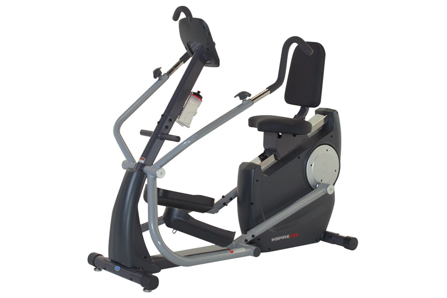 Black and silver elliptical cardio strider machine with padded seat, handlebars, and foot pedals on white background