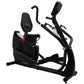 Black recumbent cardio strider machine with padded seat, curved handlebars, and digital display console, shown on white backg
