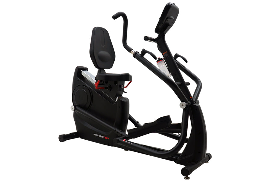 Black recumbent cardio strider machine with padded seat, curved handlebars, and digital display console, shown on white backg