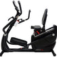Black recumbent cardio strider with dual handles, footrests, and digital console display on white background