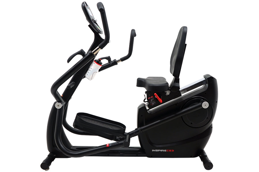 Black recumbent cardio strider with dual handles, footrests, and digital console display on white background