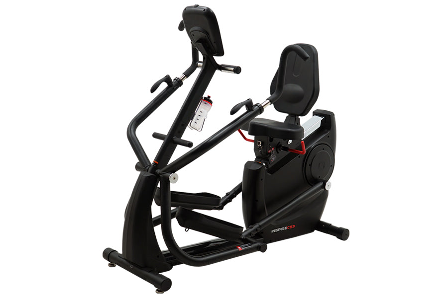 Black upright cardio strider with padded seat, dual handlebars, and digital console on white background