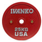 Red 25kg Ivanko bumper plate with silver text and brass bushings, flat lay on white background