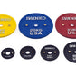 Ivanko color bumper plates in various weights, including yellow 15kg, blue 20kg, red 25kg, and black plates in smaller denomi