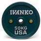 Ivanko 50kg teal rubber bumper plate with silver text and gold valve accents, viewed front-on against white background