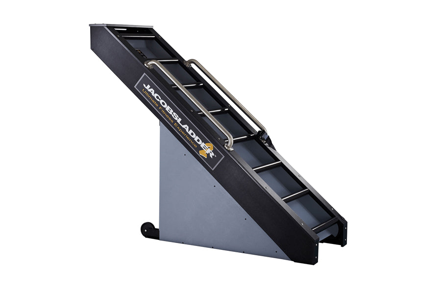Jacobs Ladder 2 climbing machine with black rails, gray base, and angled ladder steps on white background