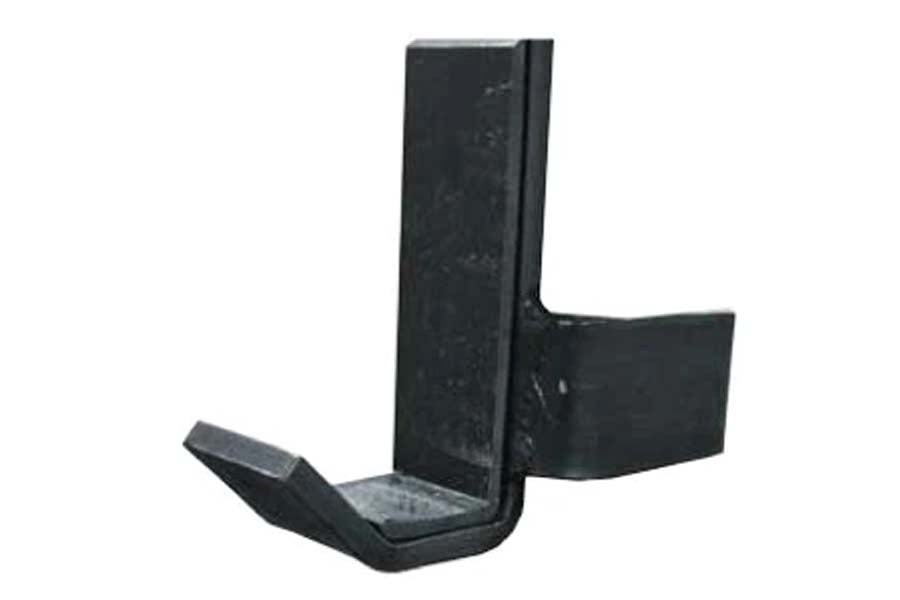Black plastic J-cup hook attachment with angled support arm and base plate on white background