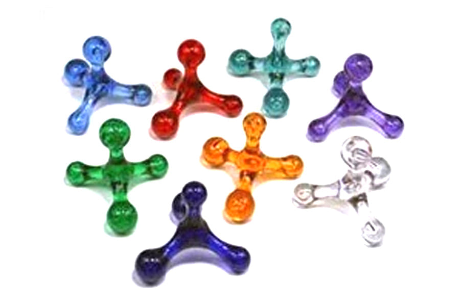 Colorful translucent acrylic fidget spinners in blue, red, green, teal, purple, orange, and clear on white background