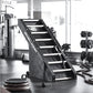 Black Jacobs Ladder climbing machine with white grip steps in gym setting with weights and equipment visible