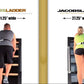 Two people using black Jacobs Ladder climbing machines side by side, showing 31.125" wide and 27.25" wide models during worko