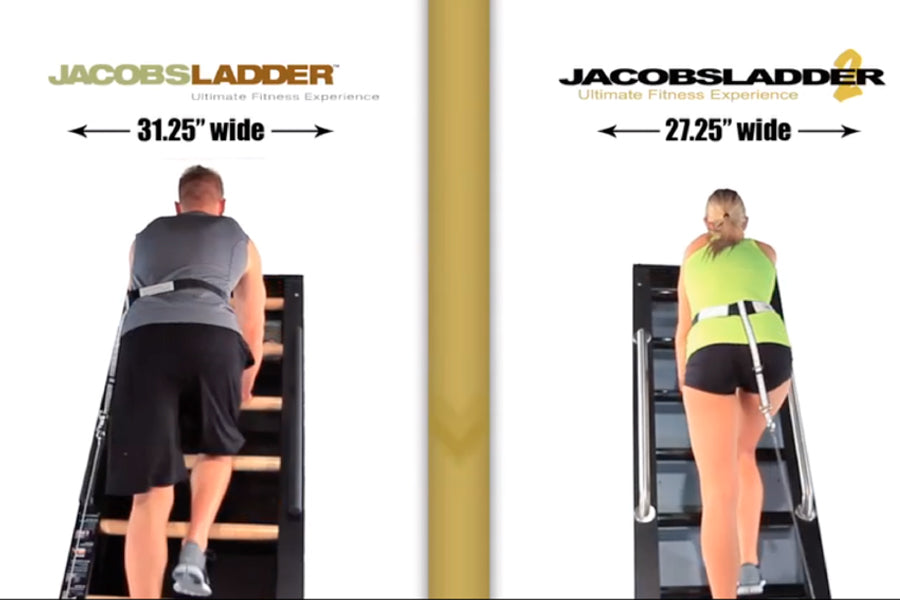 Two people using black Jacobs Ladder climbing machines side by side, showing 31.125" wide and 27.25" wide models during worko