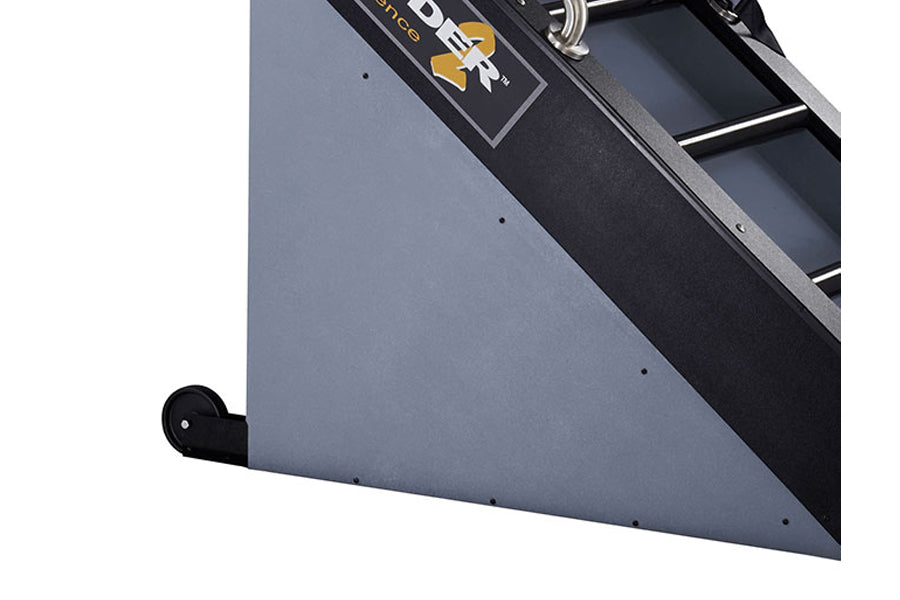 Jacobs Ladder 2 climbing machine with gray steel frame and black stepping treads, angled view on white background