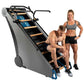 Gray and black stair climbing machine with wooden steps and blue accents, shown with two people demonstrating use on white ba