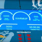 Jacobs Ladder X climbing machine display screen showing workout metrics including steps climbed, warmup status, heart rate, c