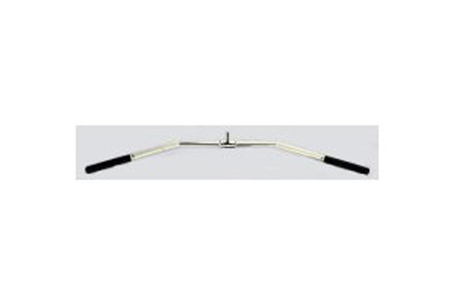 Warrior Revolving 48-inch hollow deep bent lat bar with black grip handles and chrome center collar on gray background