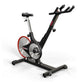 Black and red indoor exercise bike with gray frame, padded seat, dual handlebars, and weighted flywheel, shown on white backg