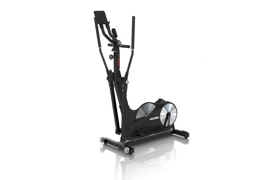Black elliptical strider with dual flywheels and upright handles on white background, front view
