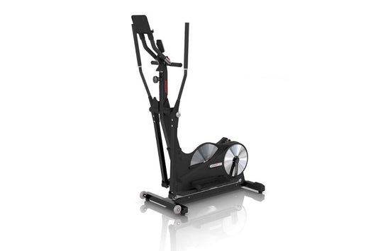 Black elliptical strider with dual flywheels and upright handles on white background, front view