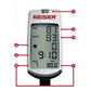 Keiser digital display console showing RPM, watts, heart rate, gear, and trip metrics on white and black device
