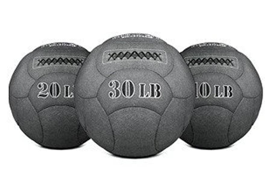 Three gray textured slam balls labeled 20 LB, 30 LB, and 10 LB on white background