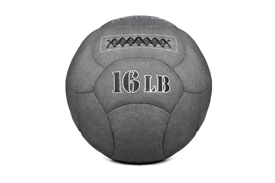 Dark gray Kevlar medicine ball with "16 LB" text and stitched seams, on white background