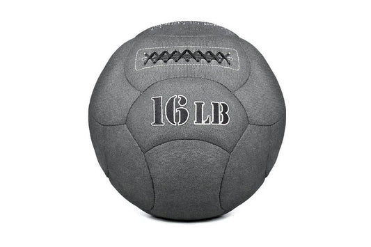 Dark gray Kevlar medicine ball with "16 LB" text and stitched seams, on white background