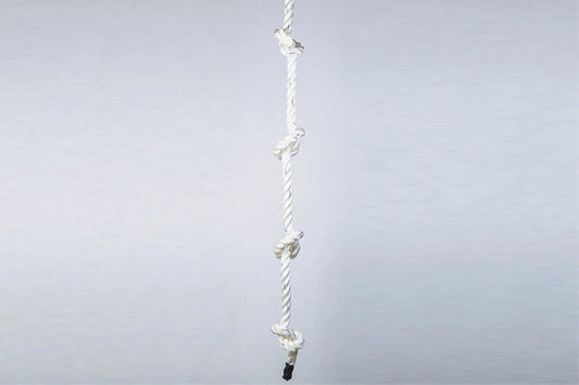 White twisted climbing rope with knotted handholds spaced evenly, black grip base, on light background