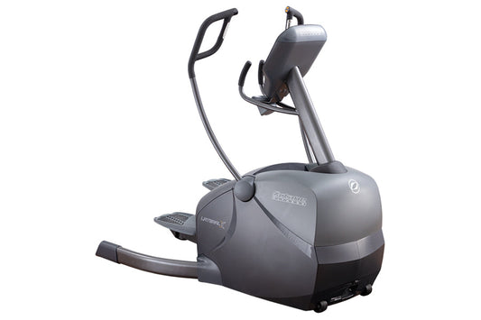 Octane LateralX elliptical machine with gray and black frame, dual handles, and footplate on white background