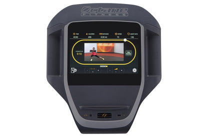 Octane LateralX exercise machine with touchscreen console displaying workout video and fitness metrics on white background