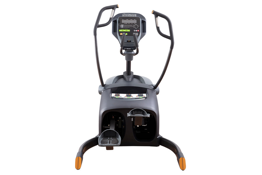 Octane LateralX elliptical machine with dual handles, digital console display, and orange foot pedals on white background