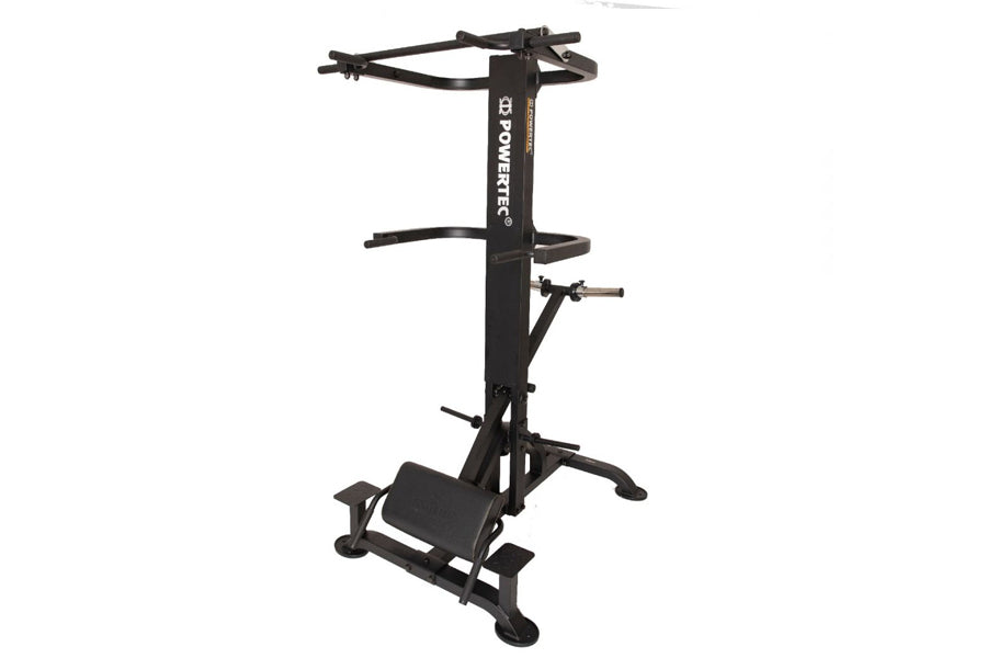 Powertec WorkBench LeverGym black chin and dip assist machine with foot platform on white background