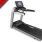 Landice L7 treadmill with silver frame, black running deck, black handlebar grips, and digital display console on white backg