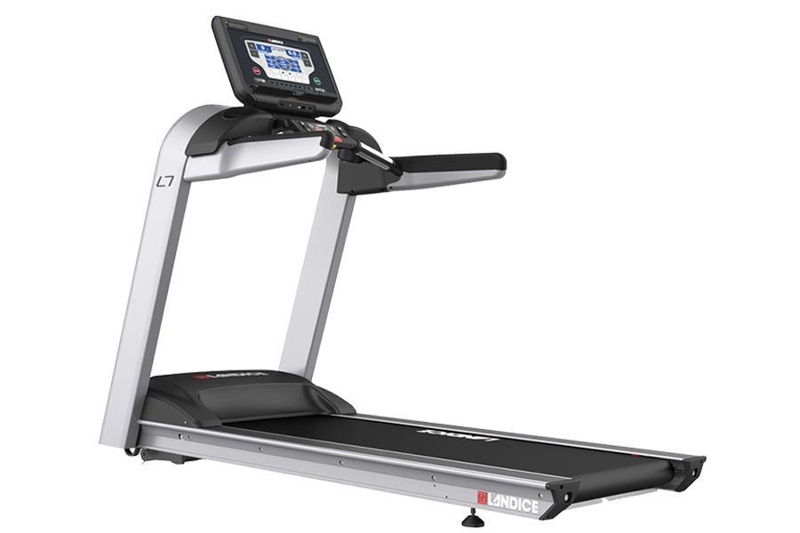 Landice L7 treadmill with silver frame, black running deck, and digital display console mounted on overhead panel