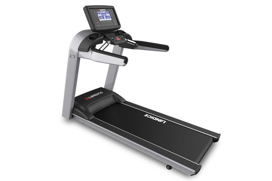 Landice L7 treadmill with silver frame, black running deck, digital display console, and handlebar controls on white backgrou