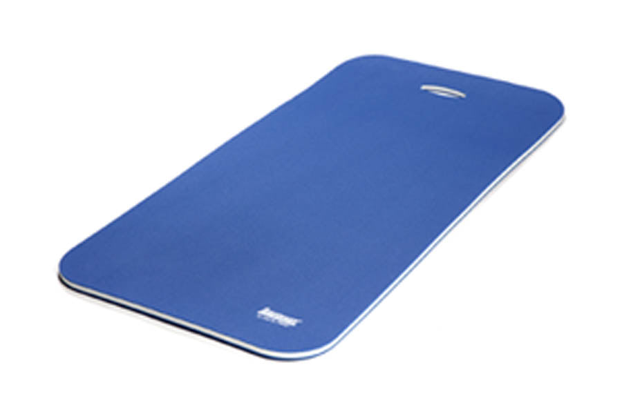 Blue foam landing mat with white trim and small brand logo on white background