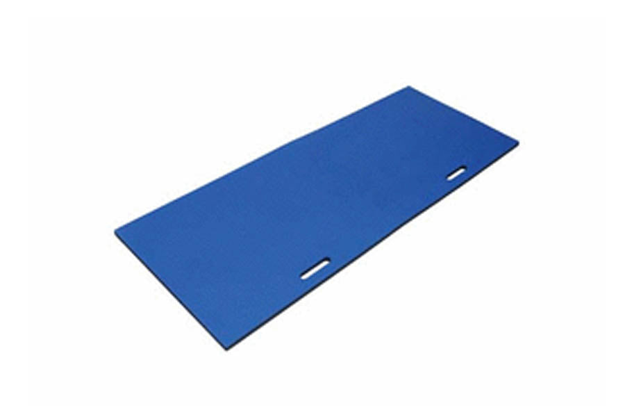 Blue foam landing mat with handles on white background