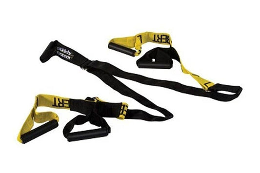 Warrior Lebert Buddy System suspension trainer with yellow and black straps, anchor point, and handles on white background