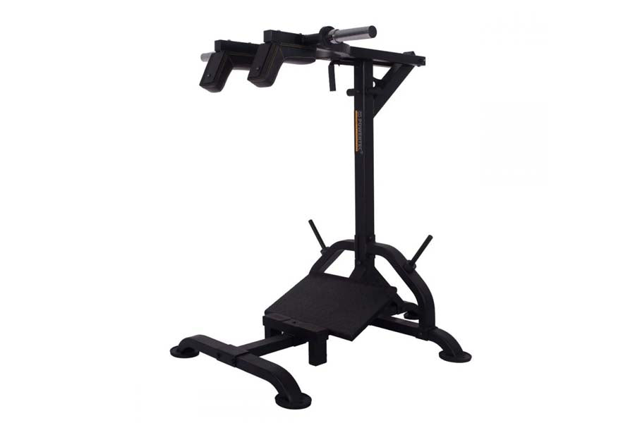 Black lever squat and calf assist machine with padded platform, vertical post, and lever arm on white background