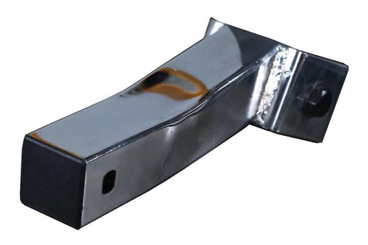 Black metal bench connector with brown leather pad and silver hinge attachment on white background