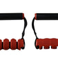 Red and black resistance band handles with foam grips and textured foot pedal attachments, shown front and back view on white