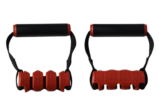 Red and black resistance band handles with foam grips and textured foot pedal attachments, shown front and back view on white