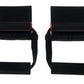 Black nylon doorway chin up grips with red handles and padded foot rests, shown front and back view on white background
