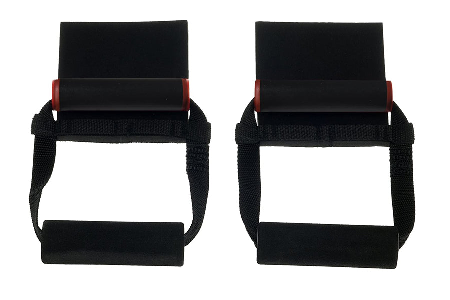Black nylon doorway chin up grips with red handles and padded foot rests, shown front and back view on white background