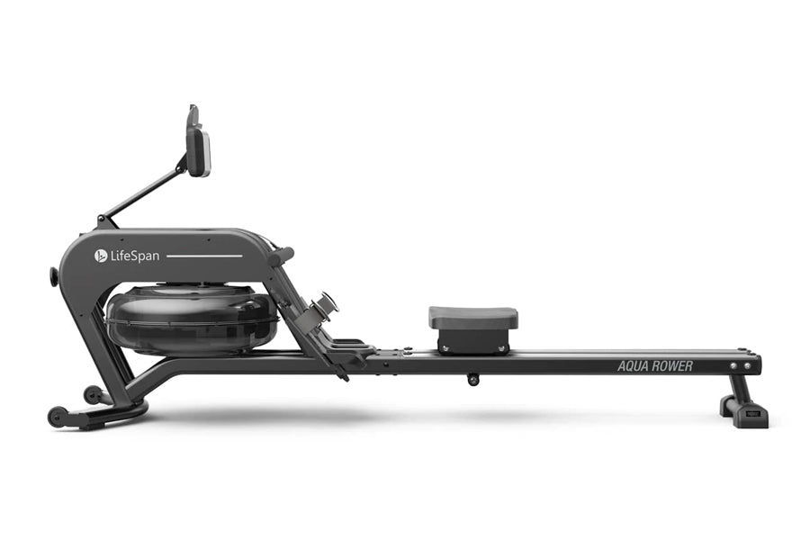 LifeSpan AquaVitae black water rower with adjustable seat, rowing handle, and water resistance tank on white background