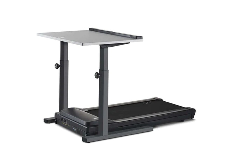 LifeSpan TR1000-Classic treadmill desk with gray work surface, black treadmill base, and adjustable dual support columns on w