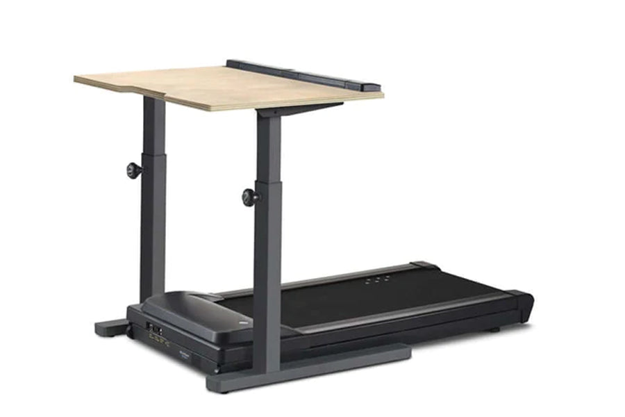 Treadmill desk with natural wood top surface and black metal frame, featuring adjustable height legs and built-in black tread