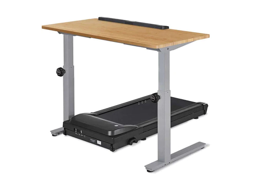 LifeSpan TR1000-Classic Treadmill Desk with bamboo top, gray steel frame, and black treadmill base on white background