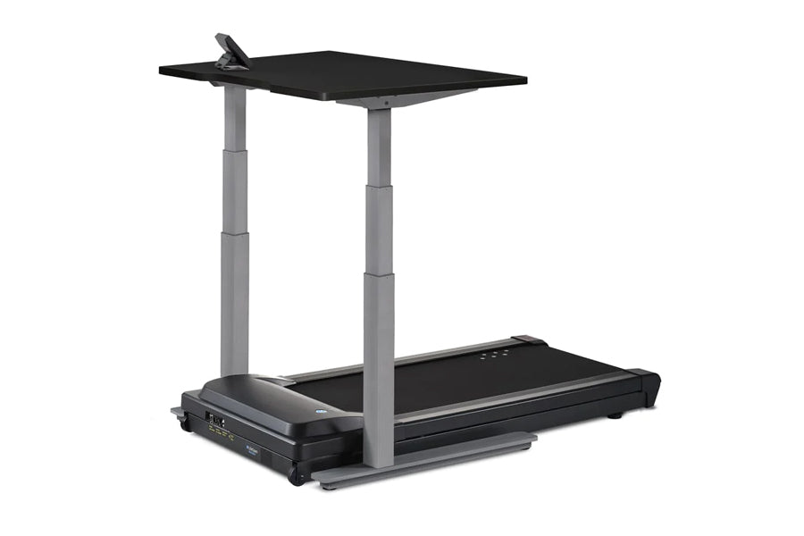 LifeSpan TR1000-Omni black desk treadmill with gray metal frame and adjustable upper work surface, on white background