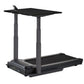 Black desktop treadmill with adjustable overhead shelf, dark gray steel frame, and control panel, shown on white background