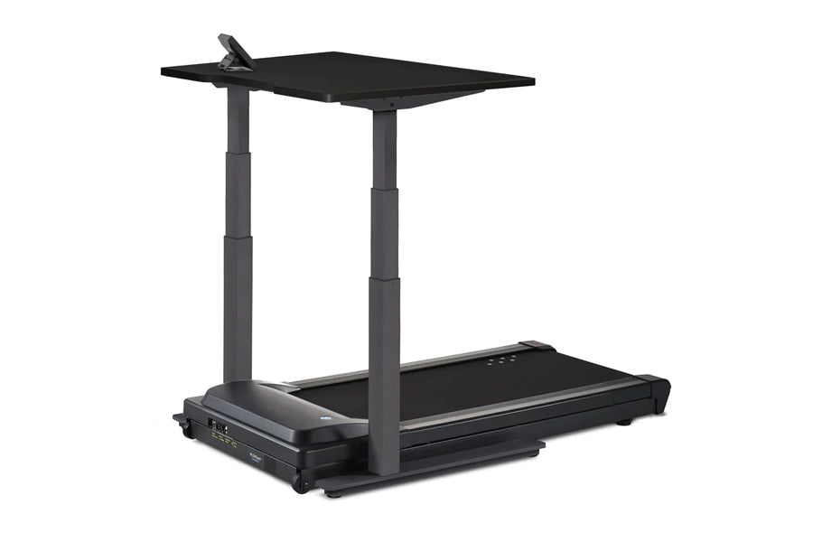 Black desktop treadmill with adjustable overhead shelf, dark gray steel frame, and control panel, shown on white background